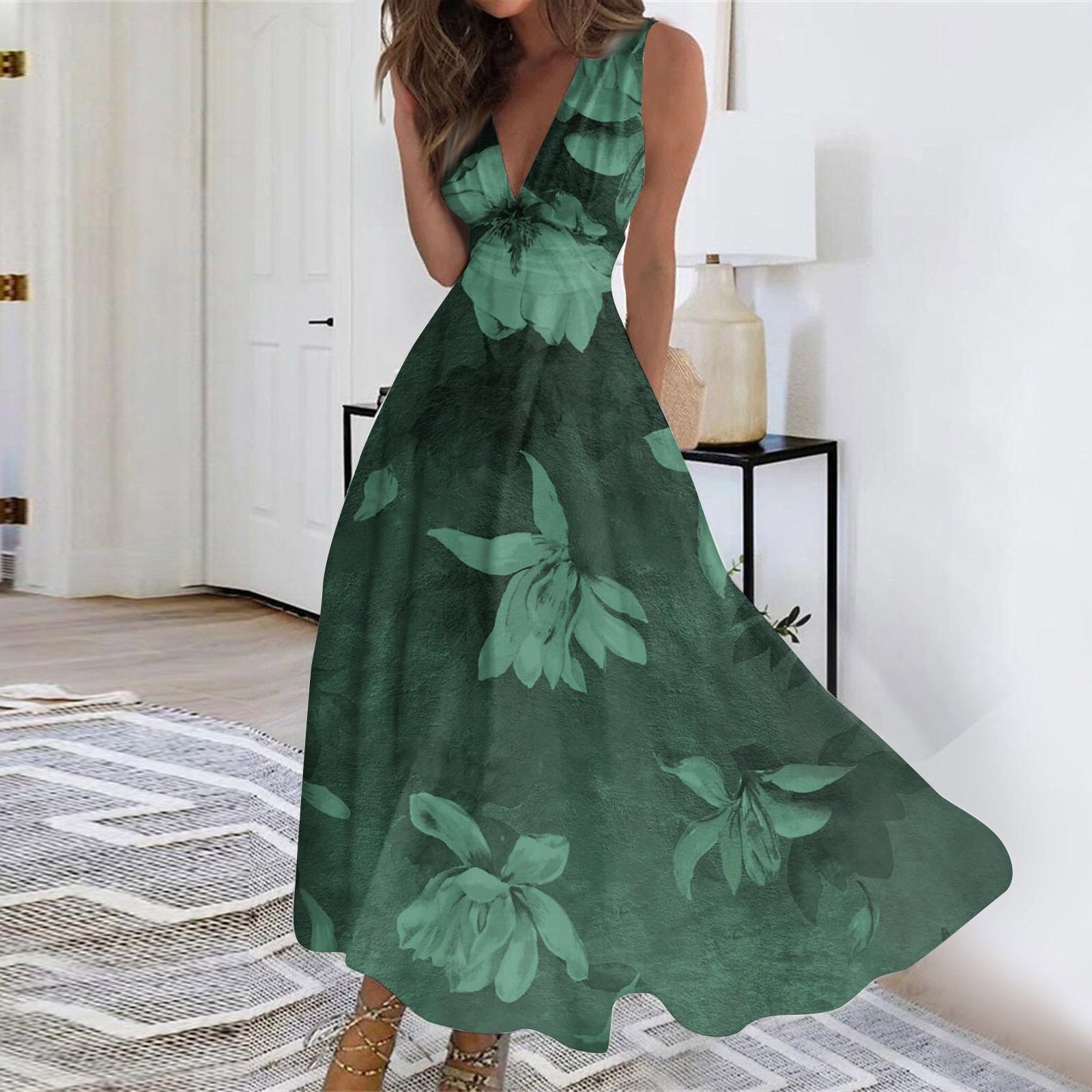 

Женское длинное платье Платье макси Повседневное платье Свободное платье Платье трапециевидной формы Модная уличная одежда Платье без рукавов с v-образным вырезом и принтом даты S