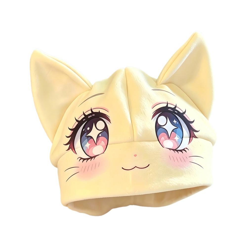 Foldover Cuff Cat Ear Beanie Hat Cartoon Animal Face Winter Skull Cap Cuffed Beanie  Daily Outfits