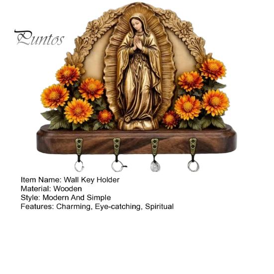 Spiritual Key Holder 2D Flat Virgin Mary Wall Farmhouse Religious Art with Hook Symbol 4 Metal Hooks for Entryway Hallway Rustic Christian Gifts