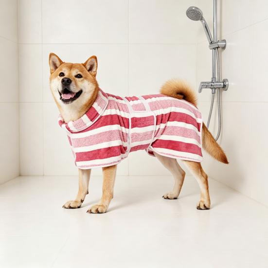 Quick-Drying Dog Bathrobe Striped Dog Wrap Towel with Belly Band Super Absorbent Pet Grooming Towel Robe for Dogs After Bath Machine Washable