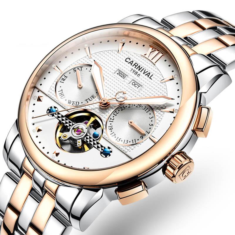 CARNIVAL Orologi Meccanici Automatici Calendario Perpetuo Sportivi Uomo Acciaio Completo Lusso Tourbillon Orologio Luminoso Reloj Hombre