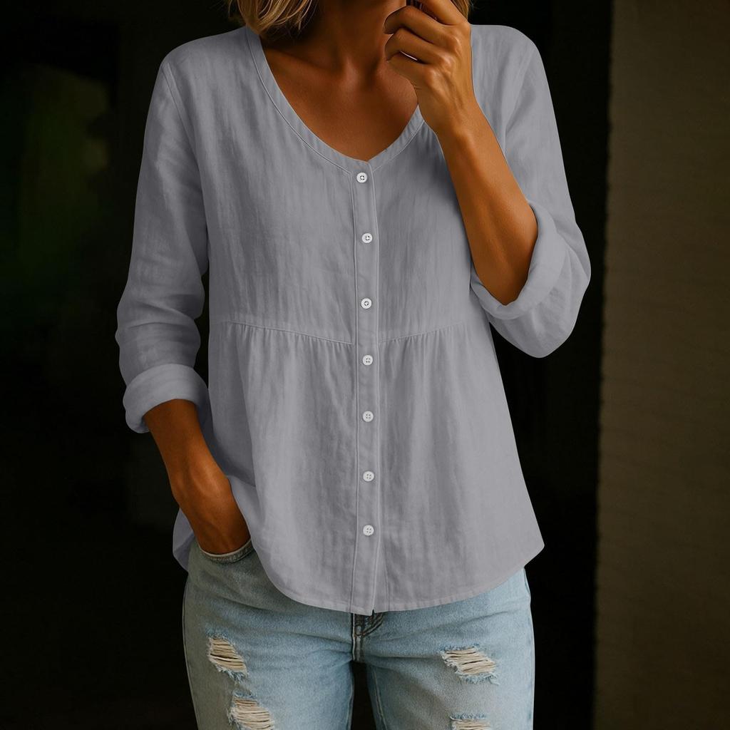 Modisches Damen V-Ausschnitt Leinen Langarmshirt Locker Lässig Knopfleiste Oberteil Für Frühling Und Pendeln