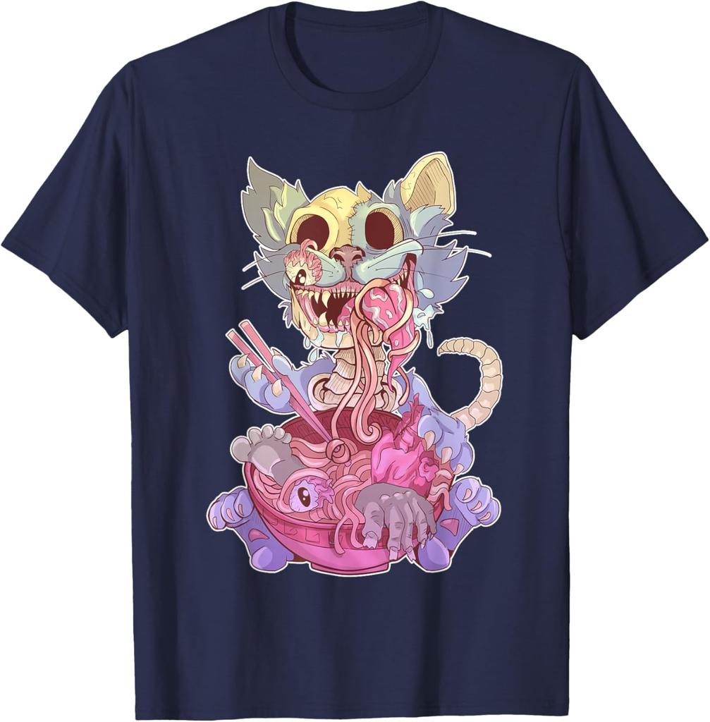 Zombie Cat Ramen Graphic Tee Kawaii Goth Weird Illustration T-Shirt For Men Casual
