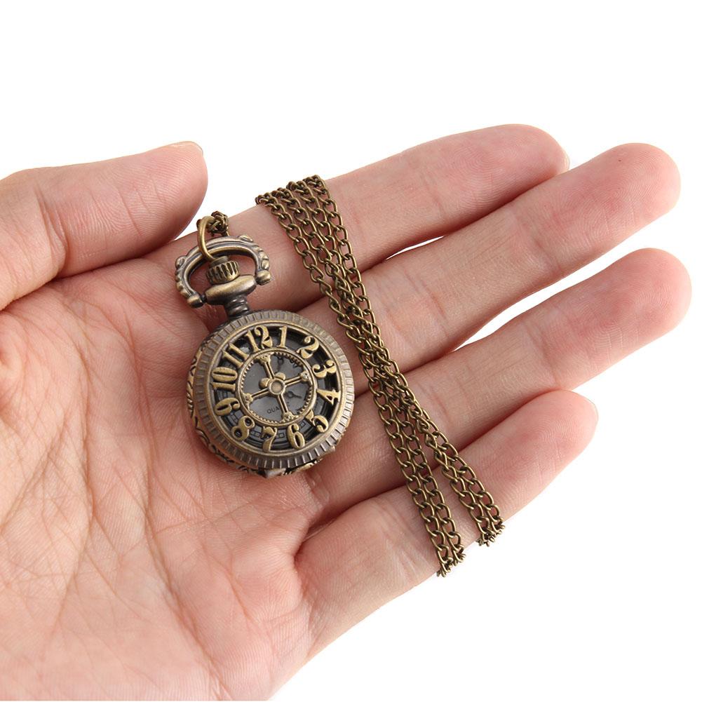 Orologio da tasca moda retrò per uomo donna, bronzo, quarzo, lega, cassa cava con ingranaggi scolpiti, con catena