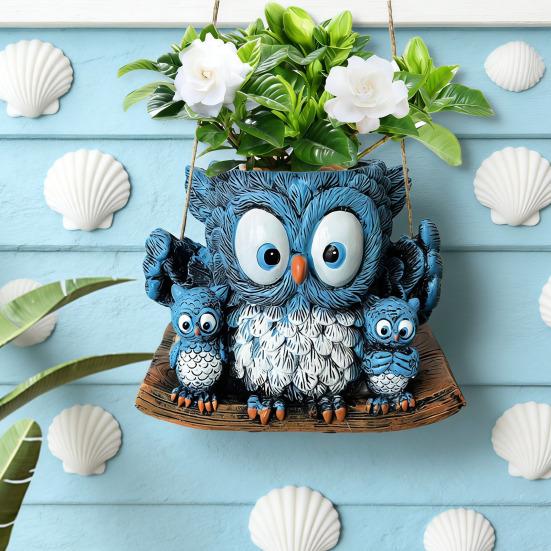 Flowerpot Blue Owl Resin Ceramic Hanging Planter with Detailed Texture Weather-Resistant Indoor Outdoor Decorative Plant Holder