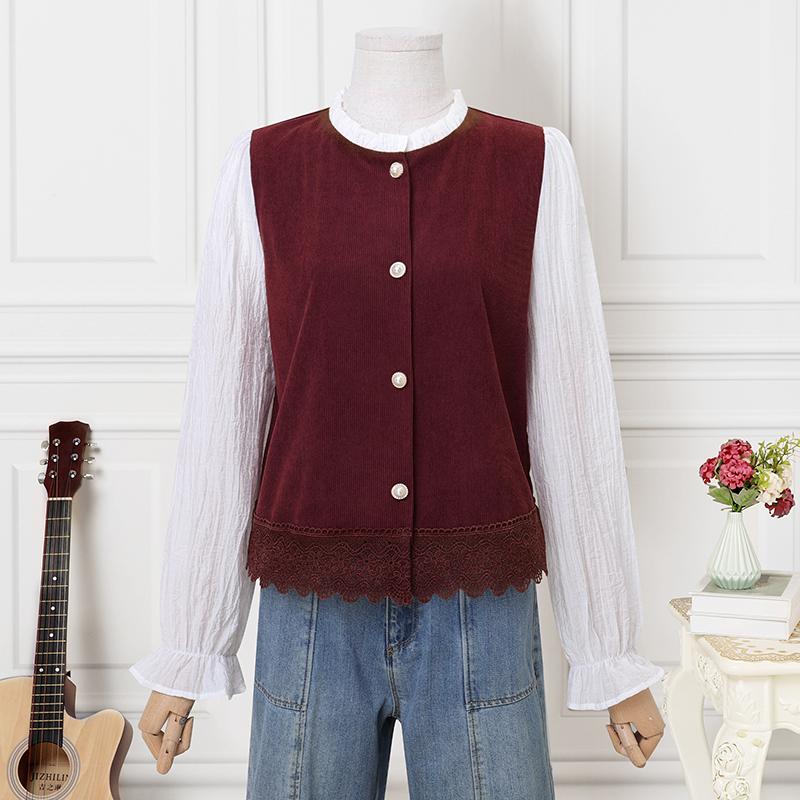 

ZANZEA Women Patchwork Long Sleeve Loose Casual Corduroy Blouse 2XL вина червоного кольору