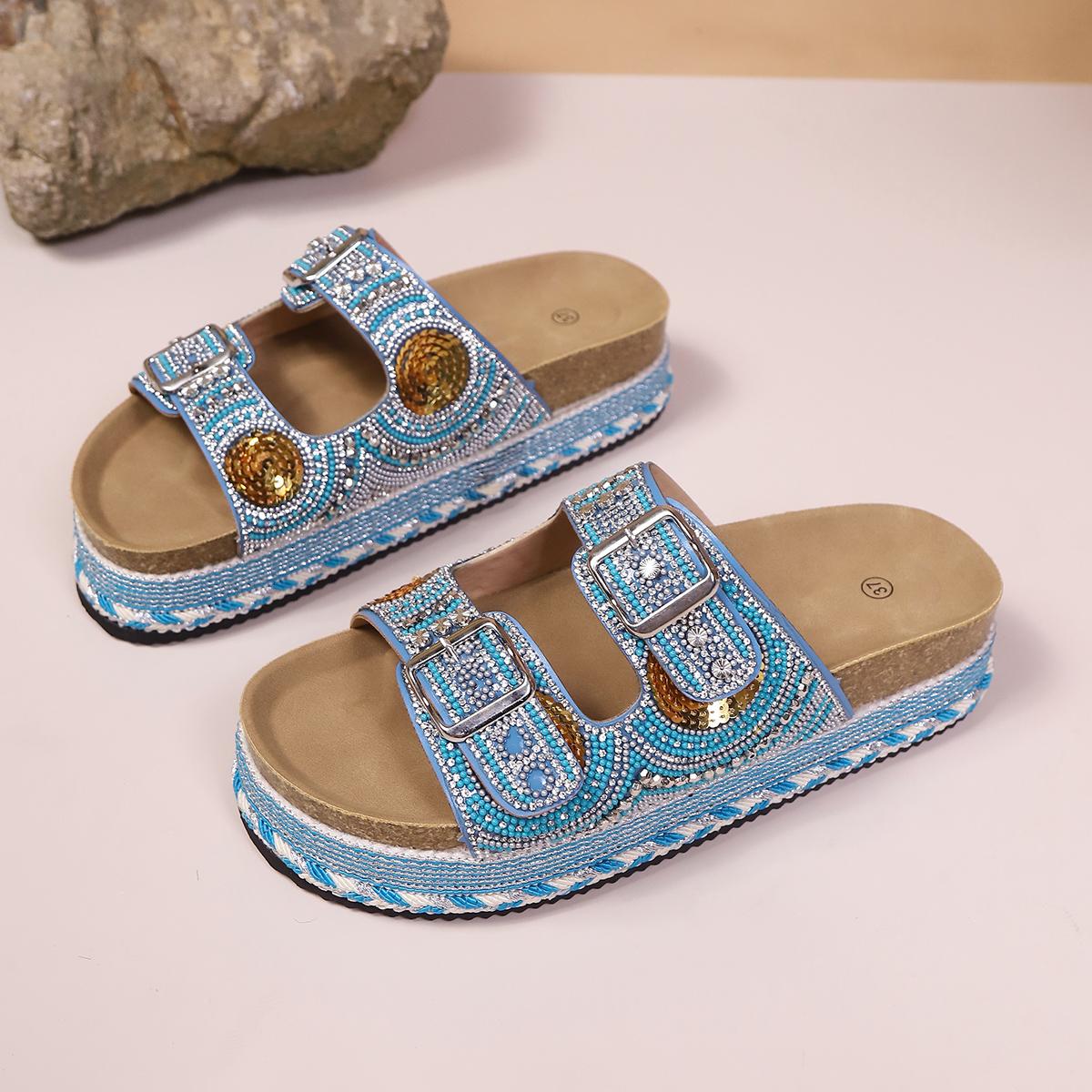 

Fashion New Women s Rhinestone Thick Sole Twine Double Buckle Sandals, Soft Comfortable Women s Beach Slippers Large Size 38 синій