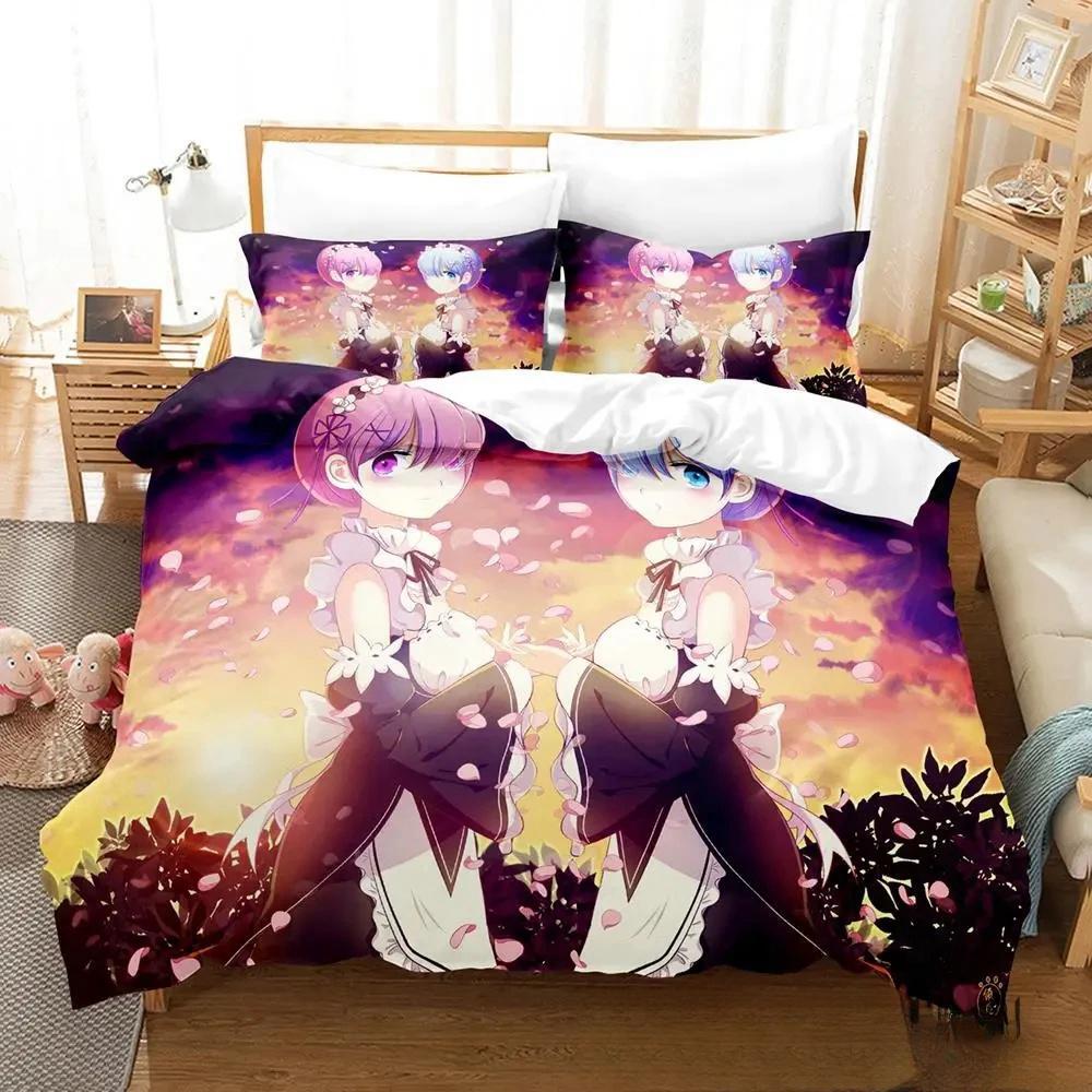 3D Print Anime Re Zero Rem Ram Emilia Bedding Set Duvetcover Bed Set Quilt Cover Pillowcase Comforter King Queen Size Boys Adult
