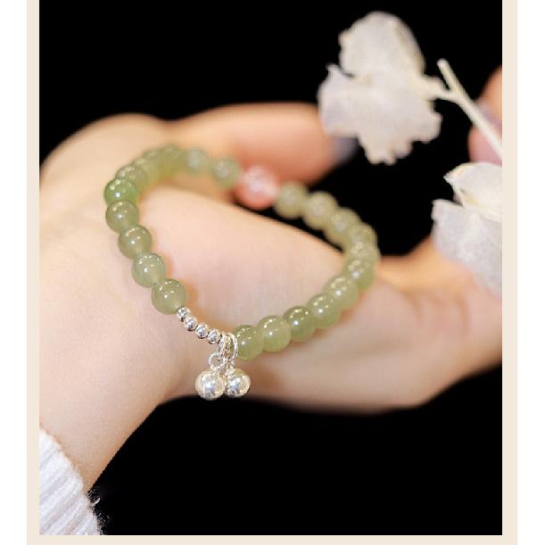 Natural Hetian Jade Bracelet with Fresh Style and Pure Silver Bells 6MM Hetian Jade