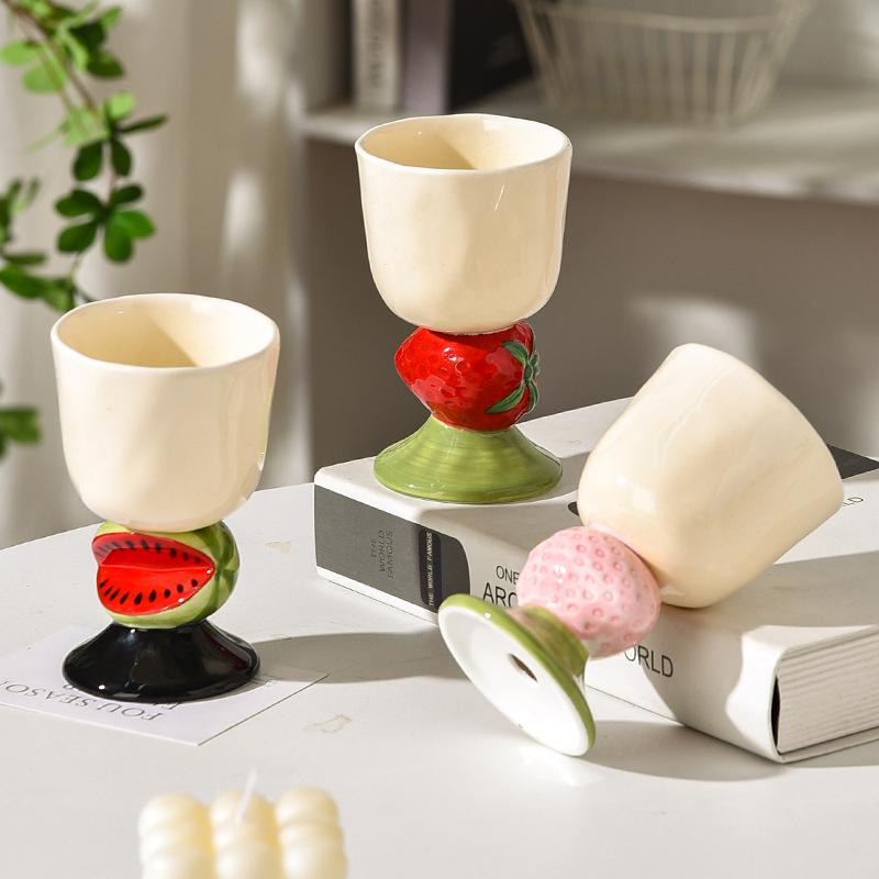 Pocal Japonez Pictat Manual în Formă de Fruct, Cană Ceramică de Ținut în Mână, Ceașcă de Cafea Exquisită, Pahar de Apă cu Pepene Verde, Cupă de Desert cu Căpșuni
