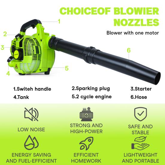 2-Stroke Handheld Leaf Blower Gas Powered Leaf Blower 26cc Handheld Gas Blower Powerful Clearing Blower for Lawn Care Snow Blowing(Green)