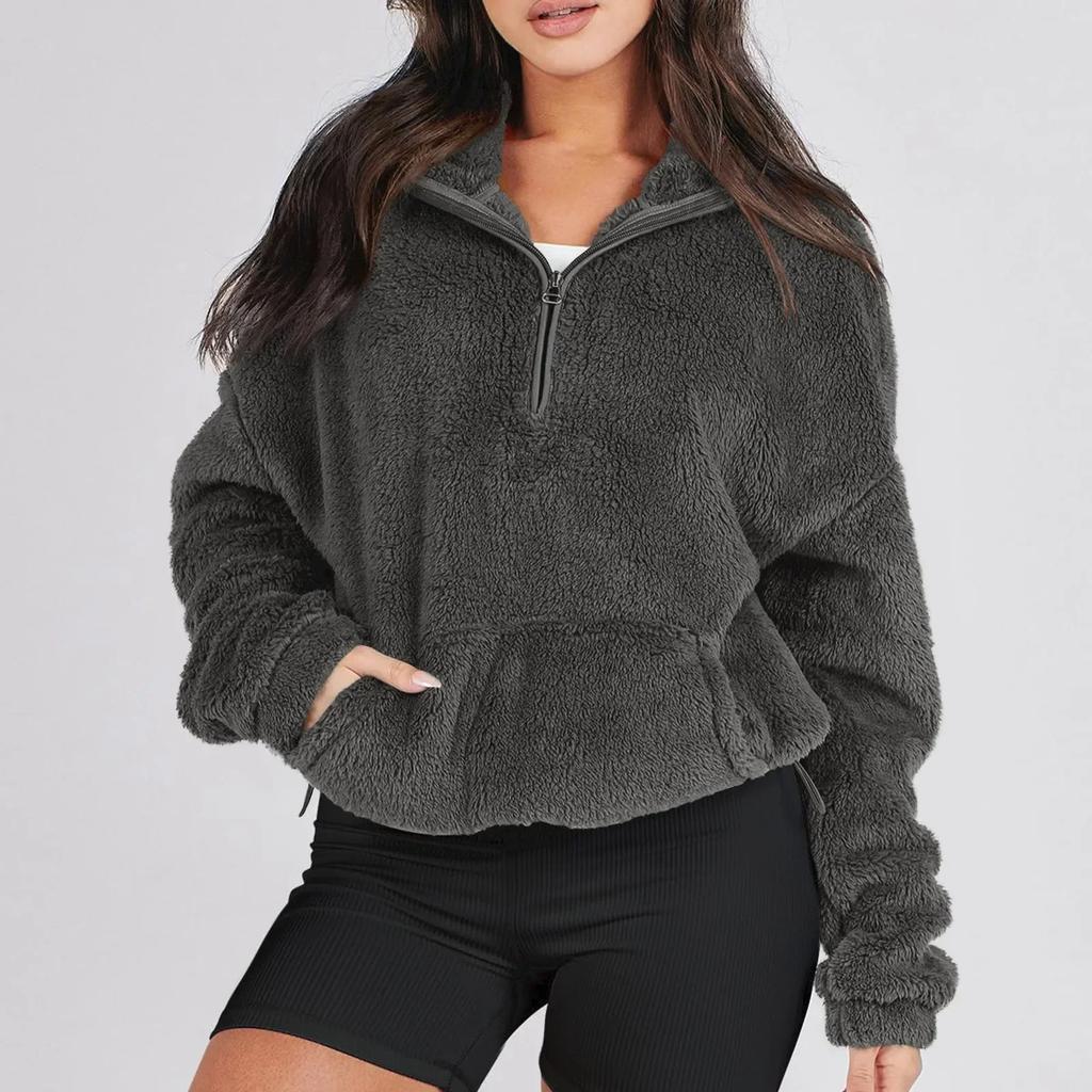 Female Winter Warm Wool Plush Fashion Casual Long Sleeve Pocket Drawstring Half Zipper Thick Pullover Sweatshirt