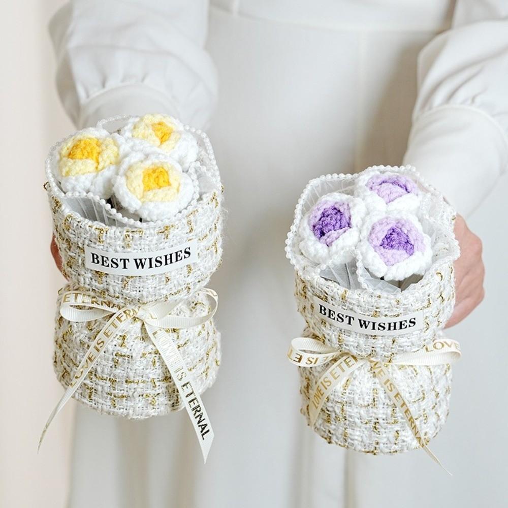 Creative Graduation Gift Crochet Flowers Bouquet Handmade Home Decor Rose Flowers Bouquet Mini Puff Flower Bouquet Mothers' Day