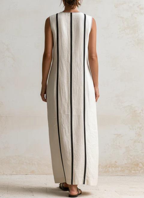 Popular summer European and American style V-neck cotton and linen dress, sleeveless loose long straight skirt