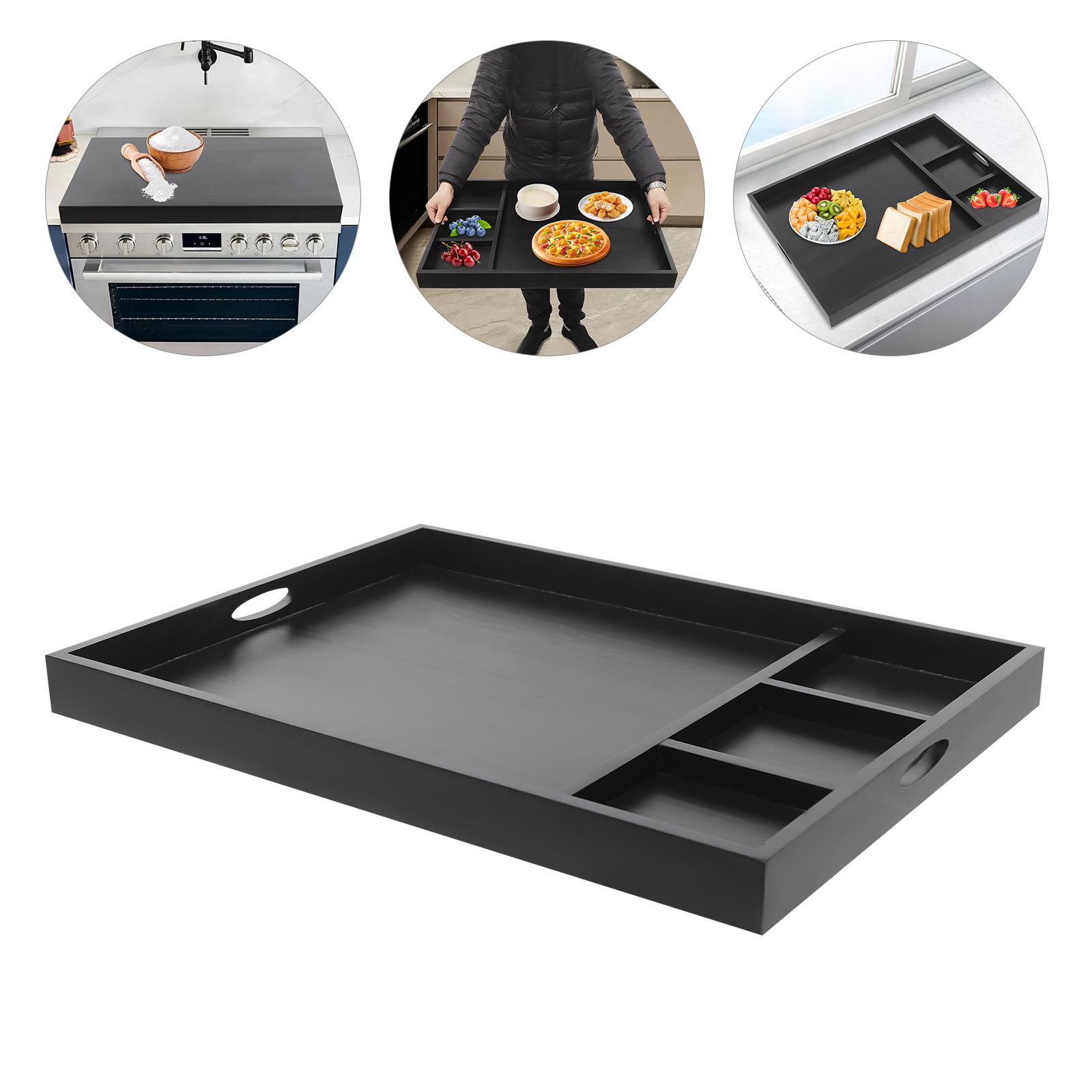 Pine Wood Stove Top Cover,Black/Log Color Rectangular Stove Top Cover With Handles 74.93*55.88*5.72cm for Home Kitchens