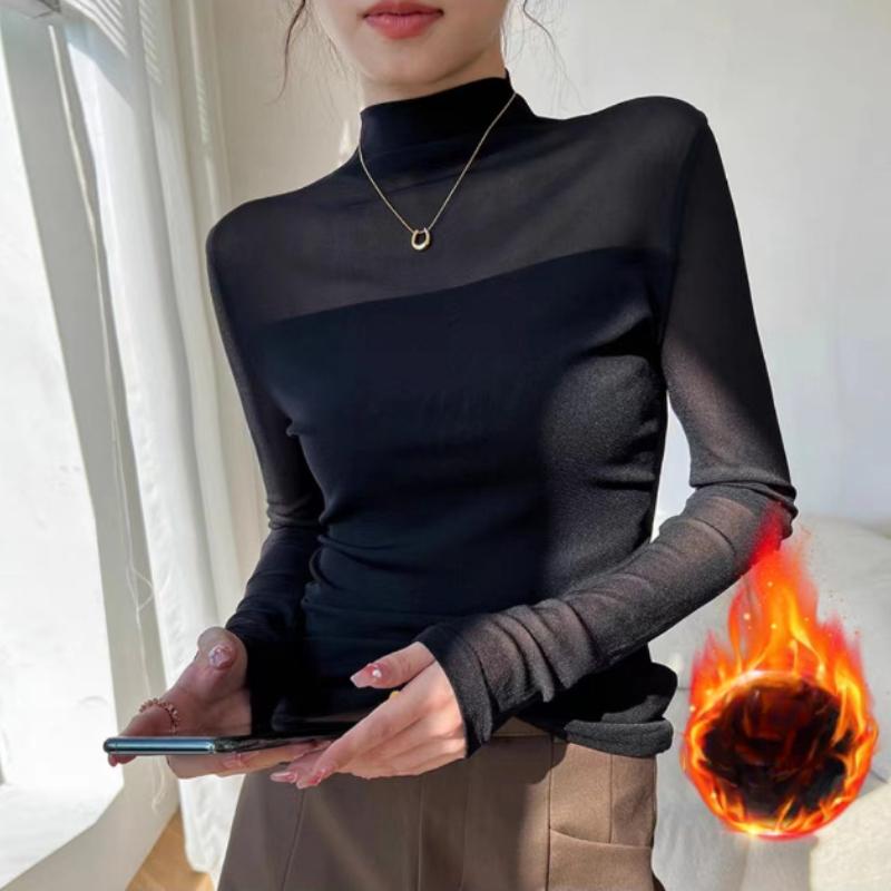 Cămașă de bază groasă, uni, cu gât mediu-înalt, pentru iarnă, cu top nou din plasă pentru femei, tricou casual versatil