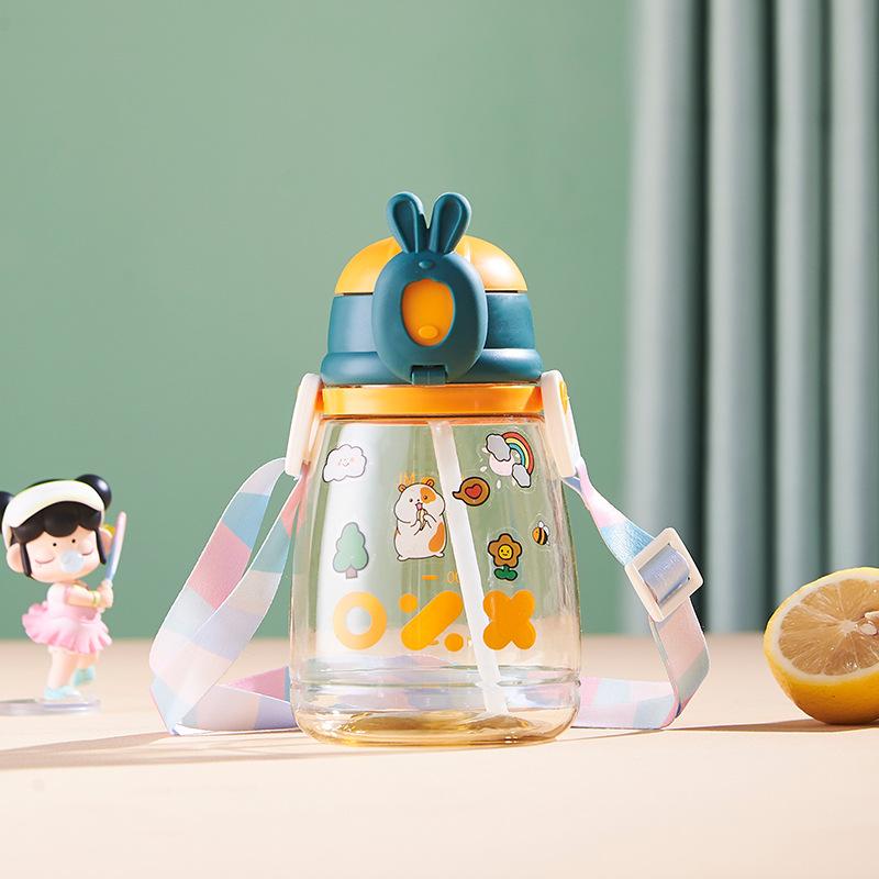 Cute Water Cup with Straw, Large-capacity Portable Outdoor Plastic Cup, Student Space Cup, Cartoon Pattern Slanted Cross Cup