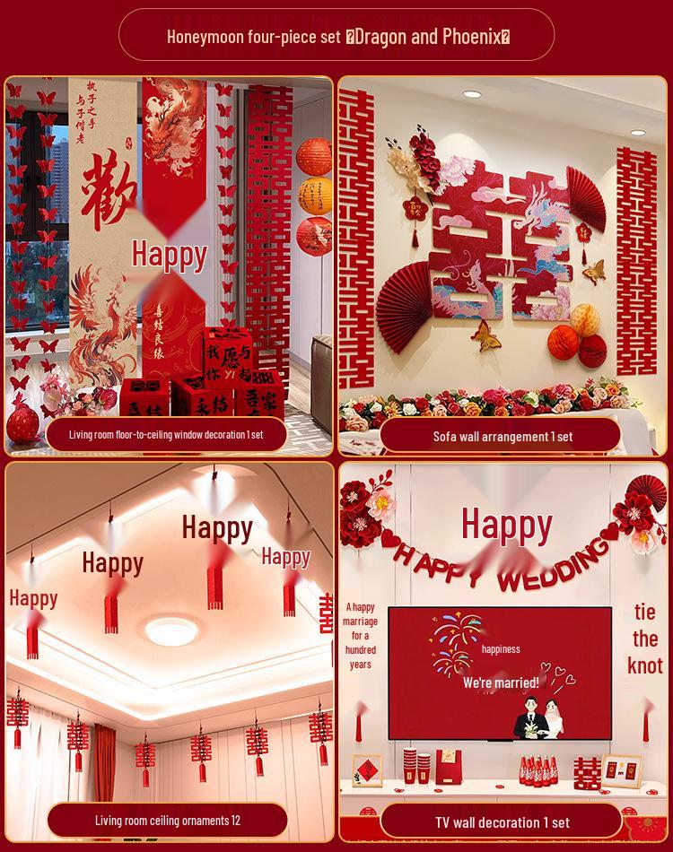 Double Happiness Wedding Room Cloth Banner Set for Ceremony and Hotel Décor