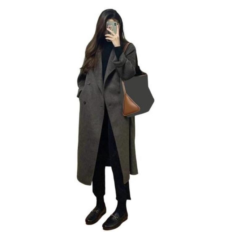 

Long Wool Coat Women Double Breasted Pea Coat Notch Lapel Trench Overcoat Casual Long Sleeve Fall Winter Coat 2XL