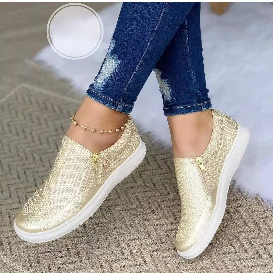 

Trend Comfortable Women Flat Shoes Slip On Flat Loafers Zip Leather Ladies Spring Autumn Platform Trend Female Flats 36 золотой