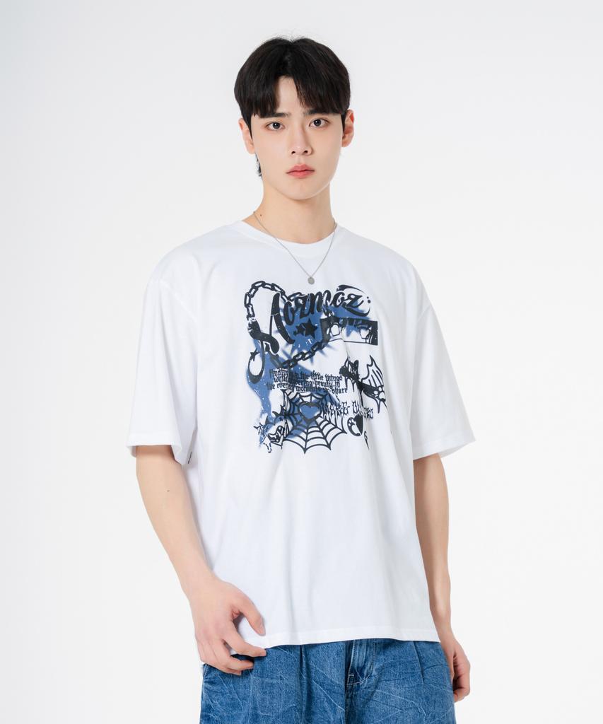 MOZMOZ Devil Cat Oversized Short Sleeve T-Shirt White