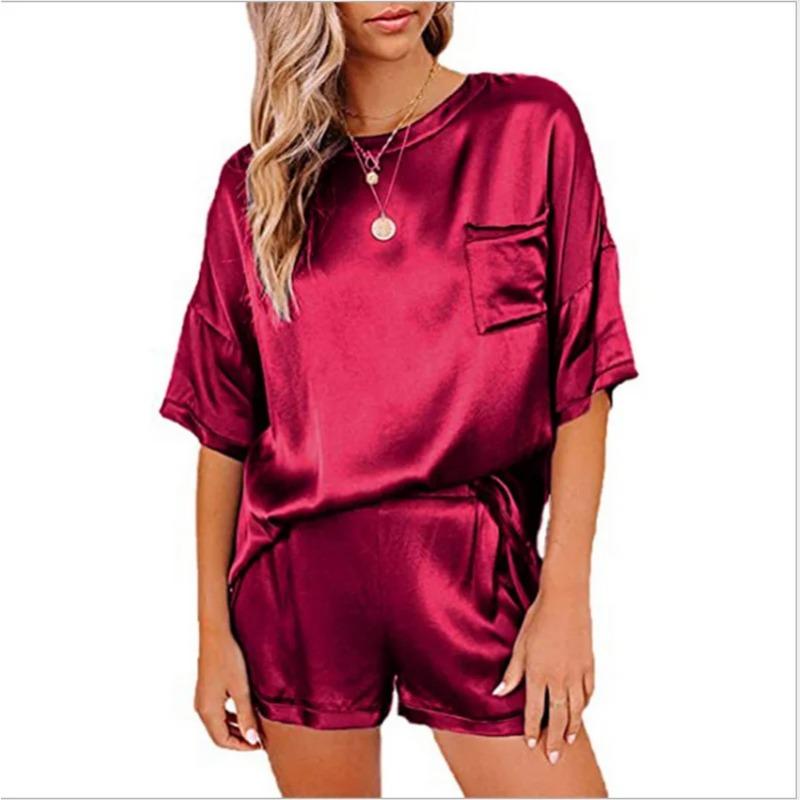 Women's Clothing Solid Color Imitation Silk Pajamas Short-Sleeved Shorts Irregular Two-Piece Suit Solid Color Homewear Set