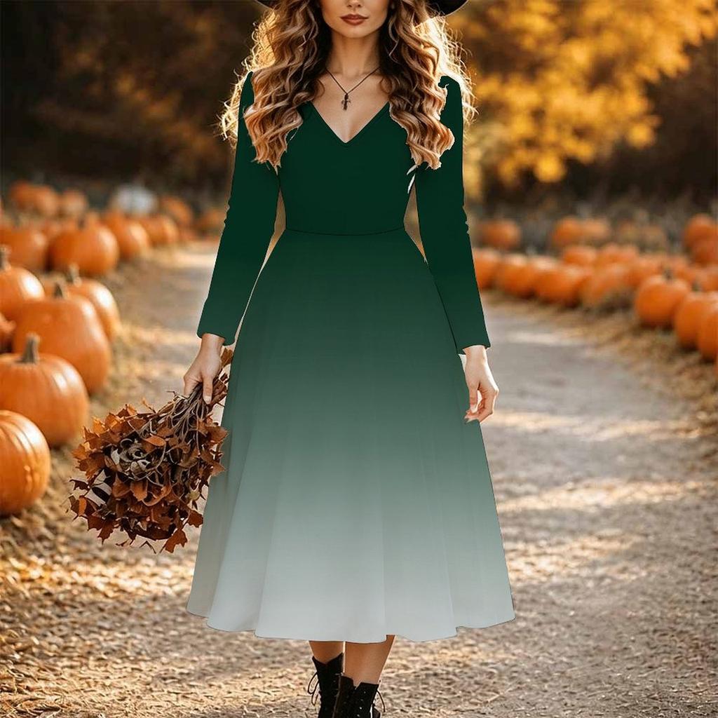 Halloween Women's Gradient Solid Print Midi Dress A Line Dress Vacation Casual Daily Regular Fit  Long Sleeve V Neck Black  Spring Fall