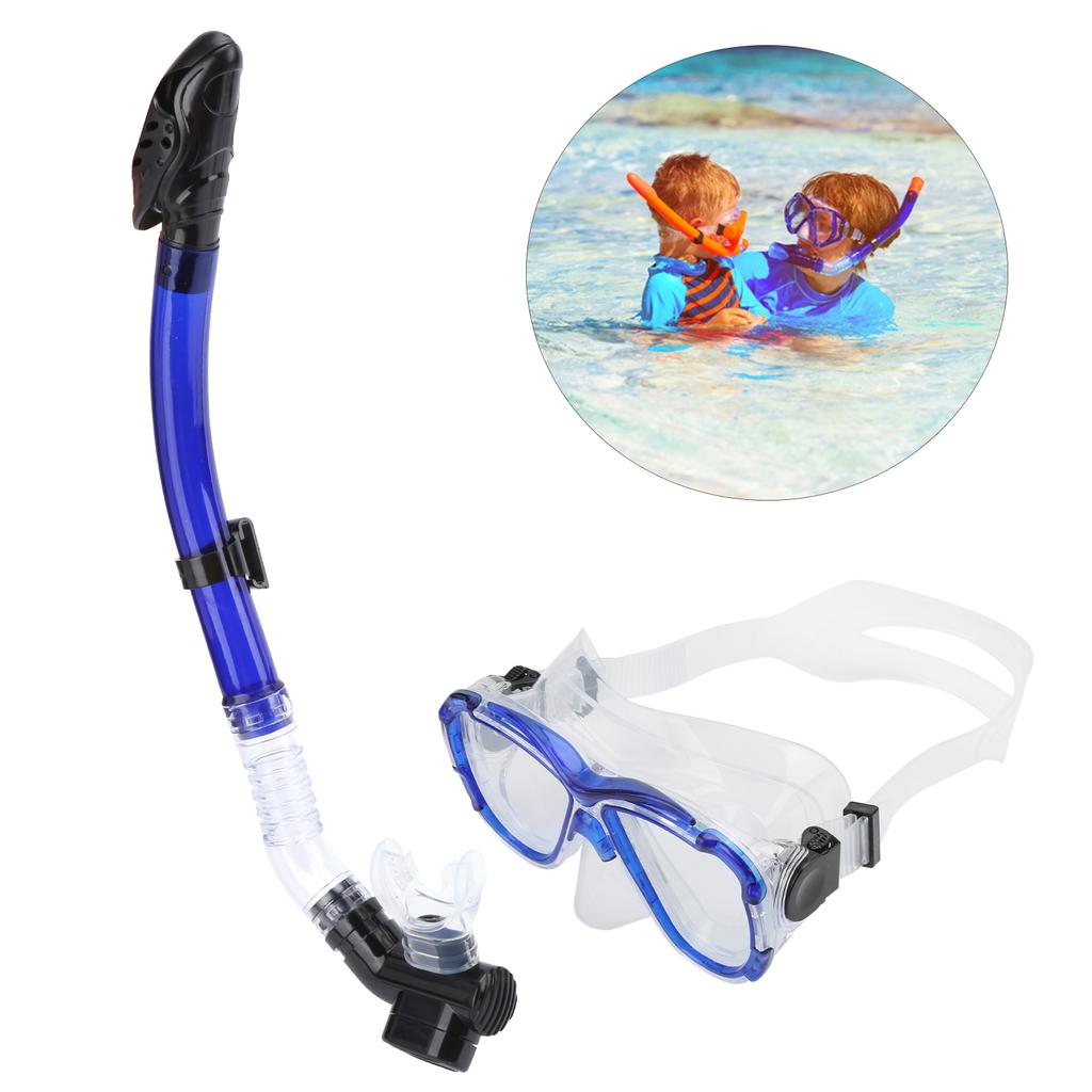 Adults Snorkel Set AntiFog Diving Cover Tempered Glass Goggles with Dry Top Snorkel Tube(Blue )