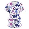 Women's Fashion Printed Short Sleeve V-Neck Top Small Pocket Work T-Shirt