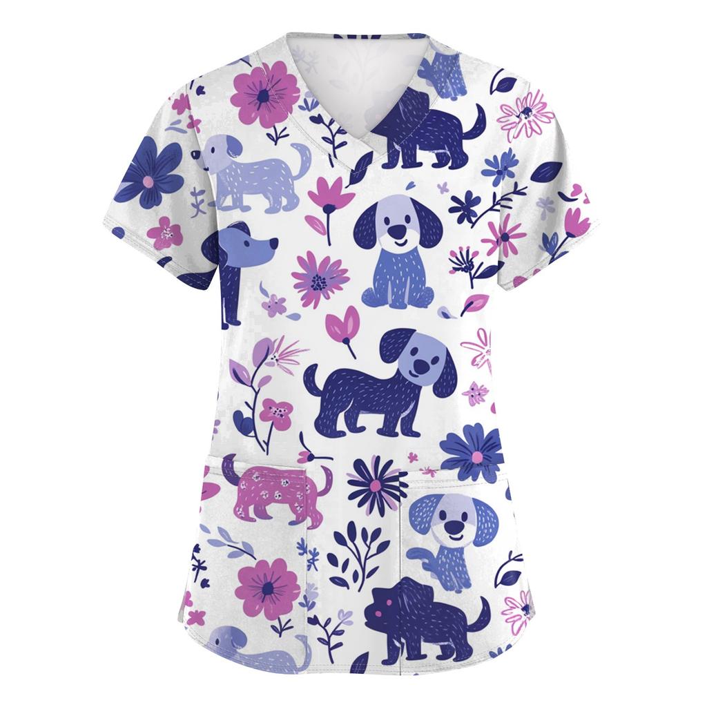 Women's Fashion Printed Short Sleeve V-Neck Top Small Pocket Work T-Shirt