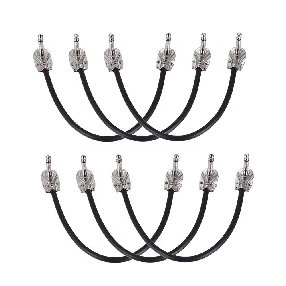 15cm/ 6in 30cm Guitar Effect Pedal Instrument Patch Cable 1/4" Silver Right-angle Plug Black PVC Jacket, 6-Pack