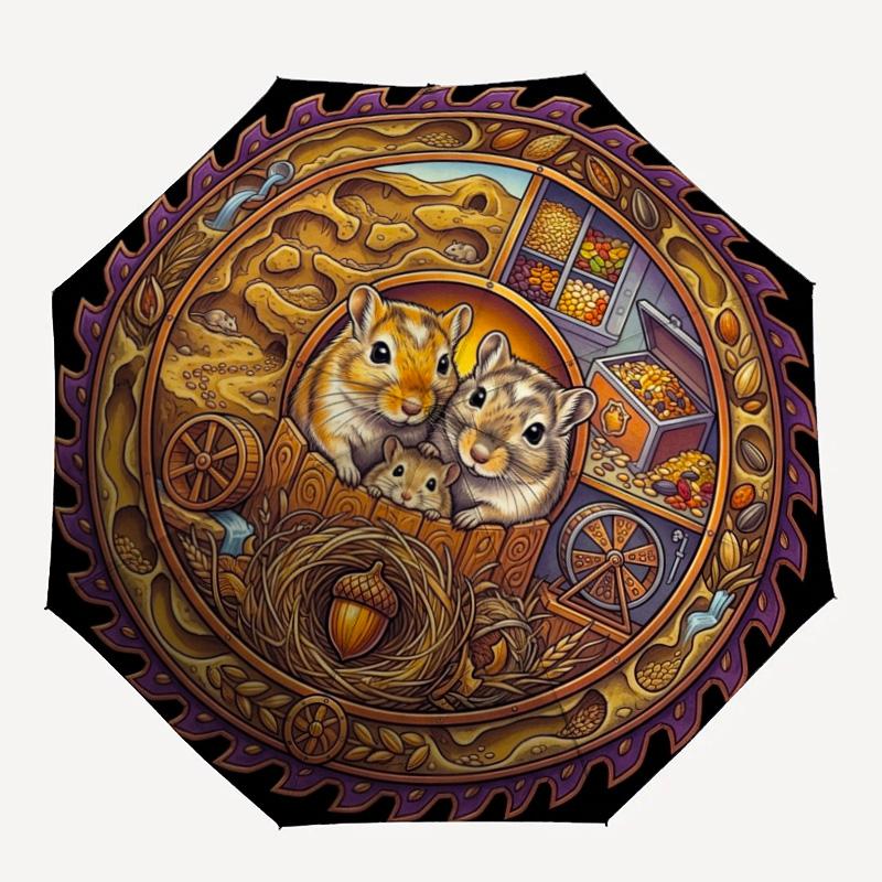 Hamster Harvest Circle pattern umbrella, portable and foldable design, 8 ribs, a casual accessory for Halloween, Christmas, and birthday gifts.