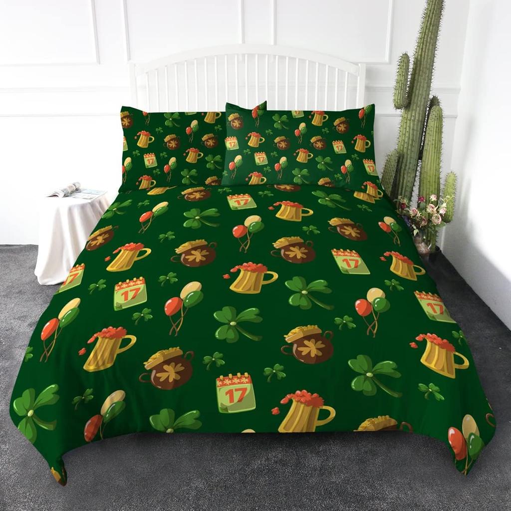 Green Animal Plant Pattern Duvet Cover Queen King Size HD Printed Shamrock Green Bedding Set 3 Piece Set and 2 Pillowcase T