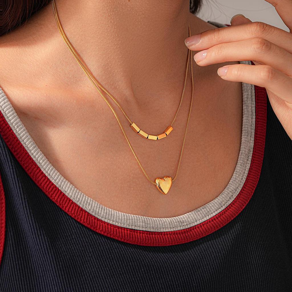 Stainless Steel Double Layer Heart, Star & Round Bead Necklace - Fashionable Clavicle Chain for Women, European, American High-End Style