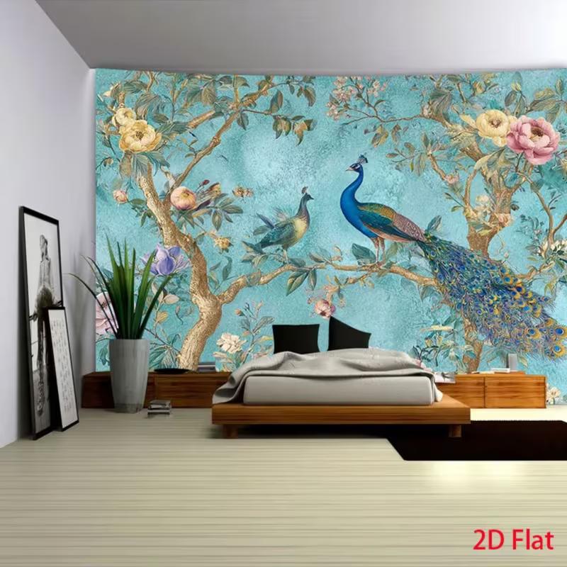 2D Chinoiserie Peacock Flower Backdrop Living Room Banner