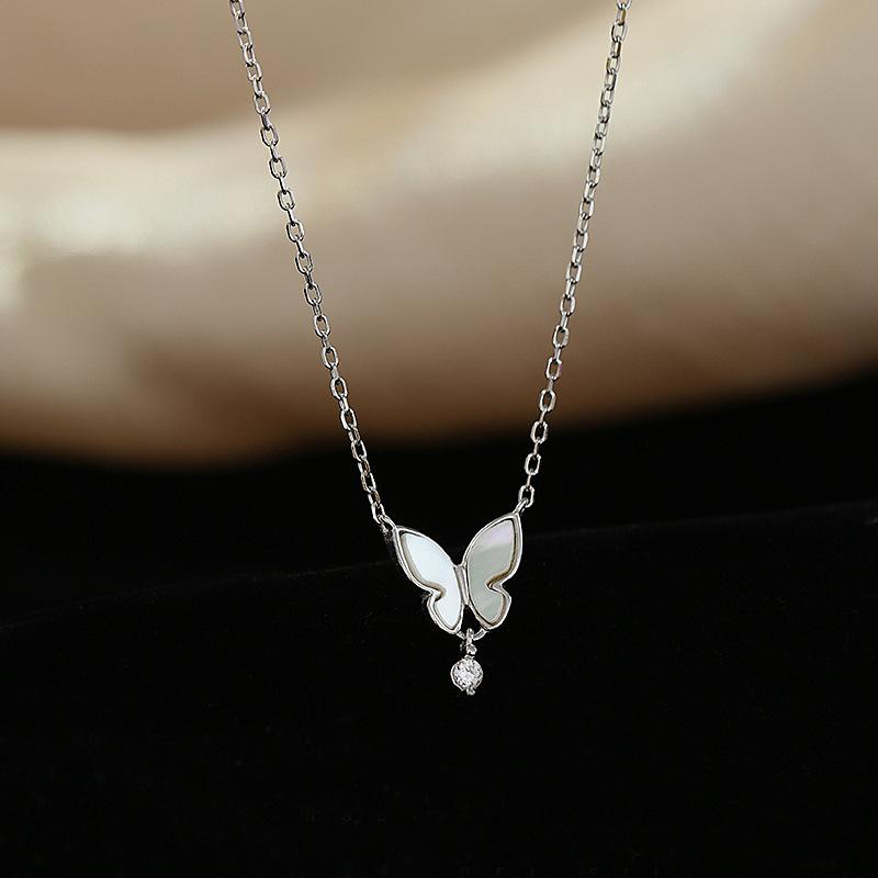 Flash Diamond Water Drop Round Bead Fringed Pendant Neck Chain Collarbone Chain Femininity Design Shell Butterfly Necklace