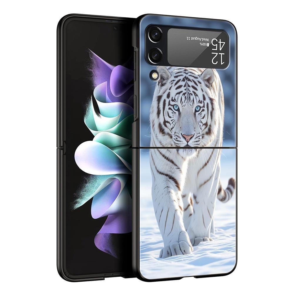 Phone Case for Samsung Galaxy Z Flip 3 4 5 6 7 Folding Black Shell For Samsung Z Flip4 Flip5 PC Hard Cover Animal White Tiger