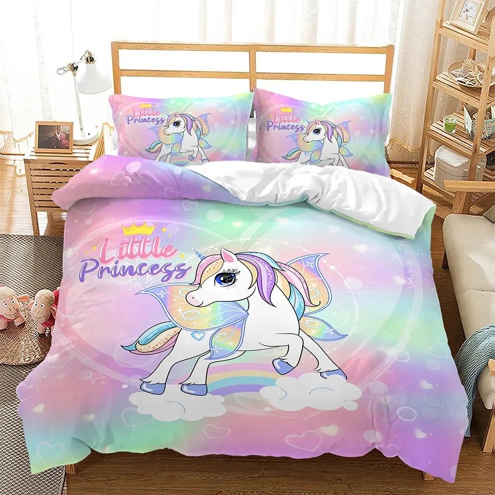 Dětské povlečení s duhovým jednorožcem Kawaii kreslená zvířátka Povlečení pro kluky a holky 2/3dílné Sady povlaků na přikrývku velikosti Twin Single Double Queen
