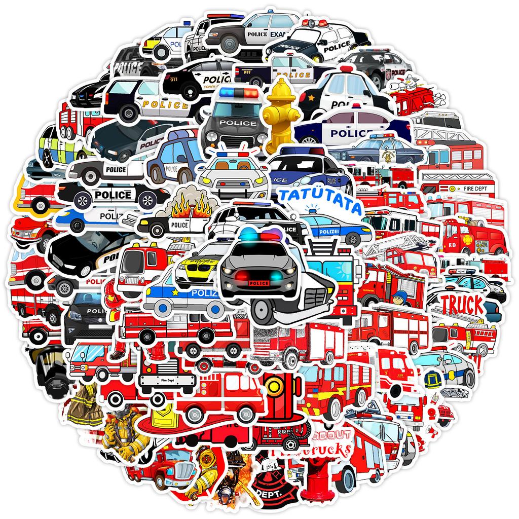 100 Cartoon Fire Truck Graffiti Stickers Notebook Mobile Phone Case Car Waterproof Decorative Stickers