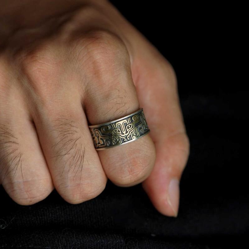 Adjustable Open Ring Men Women Vintage Mythical Beast Motif Geometric Statement Retro Style Metal Jewelry