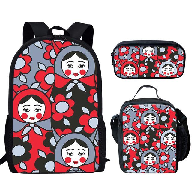 Classic Popular Novelty Funny Russian Dolls 3D Print 3pcs/Set Pupil School Bags Laptop Daypack Backpack Lunch Bag Pencil Case