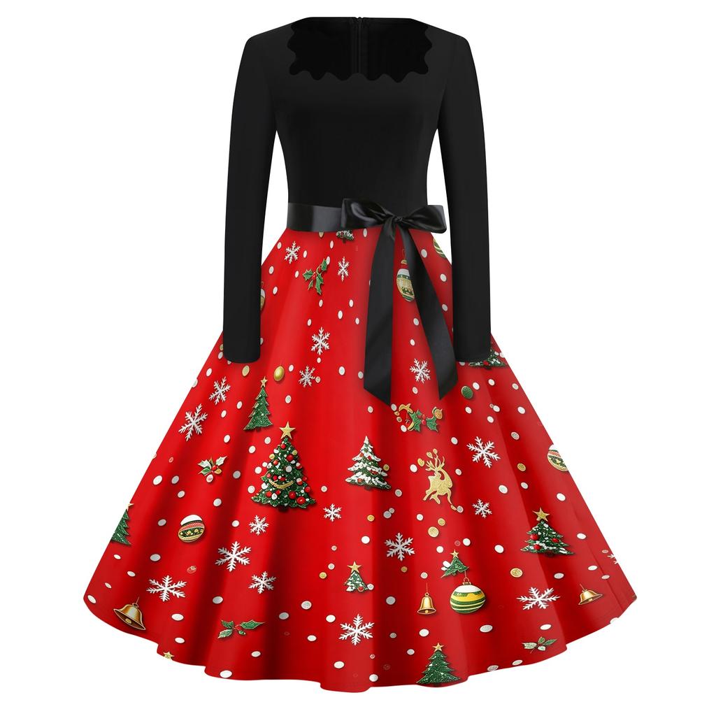 Women's Casual Christmas Print Square Neck Vintage Dress for Holiday Party and Everyday Wear