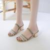 Rhinestone sandals women's summer new thick heel open toe middle heel versatile one shoe two wear sandals women's shoes