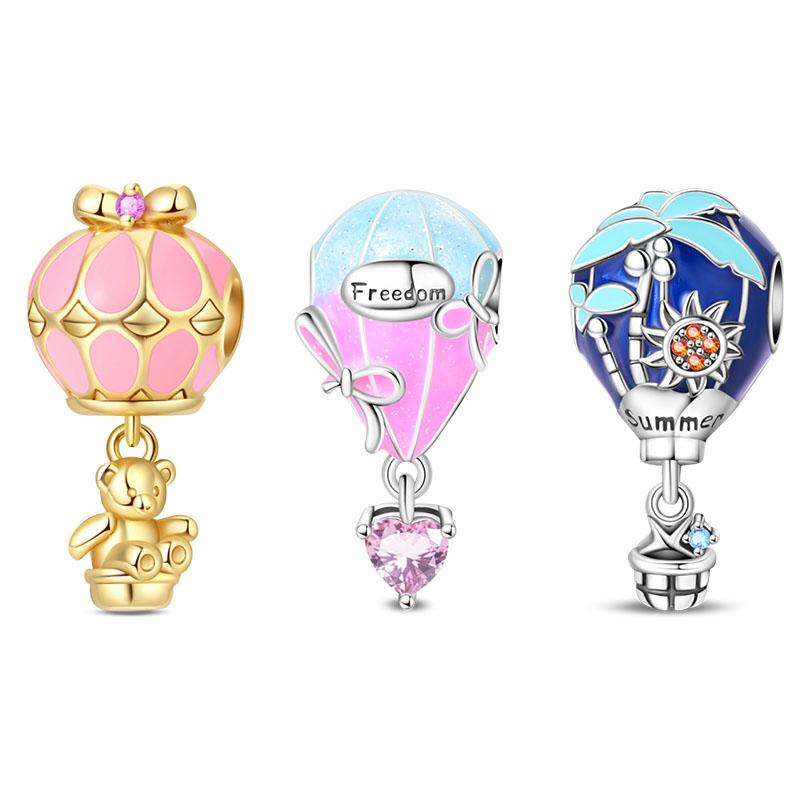 New 925 Silver Sweet Ocean Bear Air Balloon Charms Beads For Women Fit Bracelet DIY Birthday Jewelry Gift