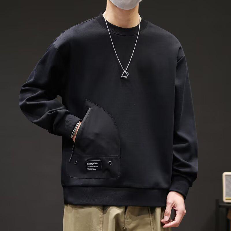 Men s Trendy Retro Pullover Hoodie with Zipper Pocket - Versatile Solid Color for Spring and Autumn 4XL чёрный