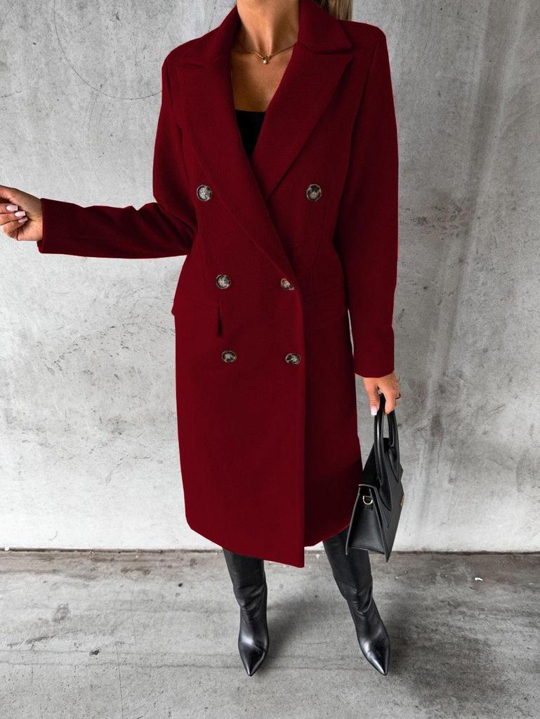 Women's Spring 2025 Versatile Woolen Double-Breasted Long Sleeve Coat with Welt Pockets