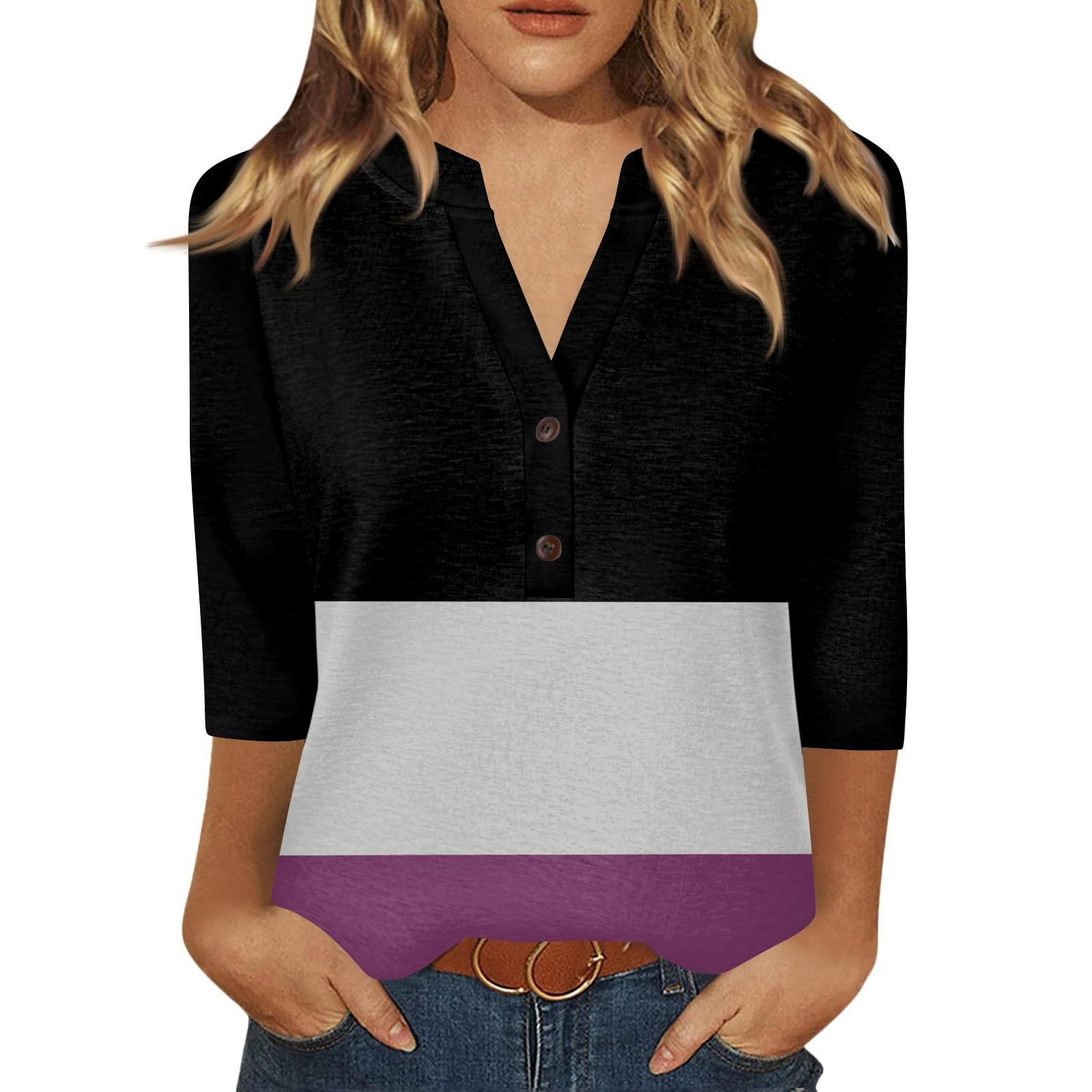 

Жен. Футболка С принтом Пуговицы Рукав 3/4 Повседневные Выходные Мода Классический Классический V-образный вырез Обычный Верх L чёрный