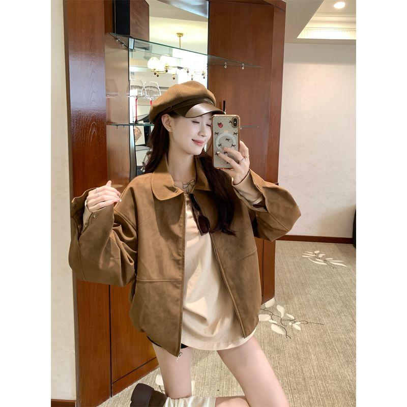 

Kumikumi High Sense Retro Suede Long sleeve Outerwear Women clothes Autumn Loose Slimming Versatile Brown Top Brown Outwear L