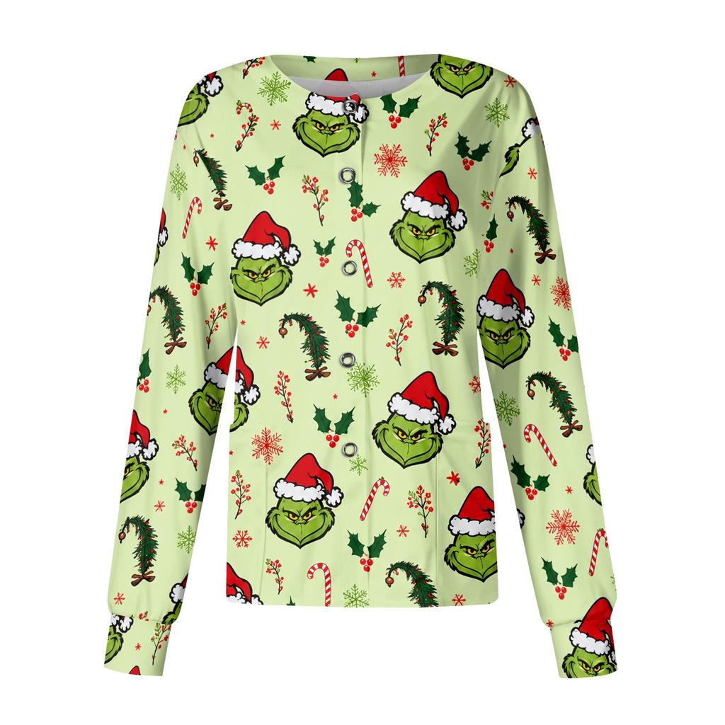 Women's Casual Long Sleeve Button Front Christmas Print Scrub Top for Work