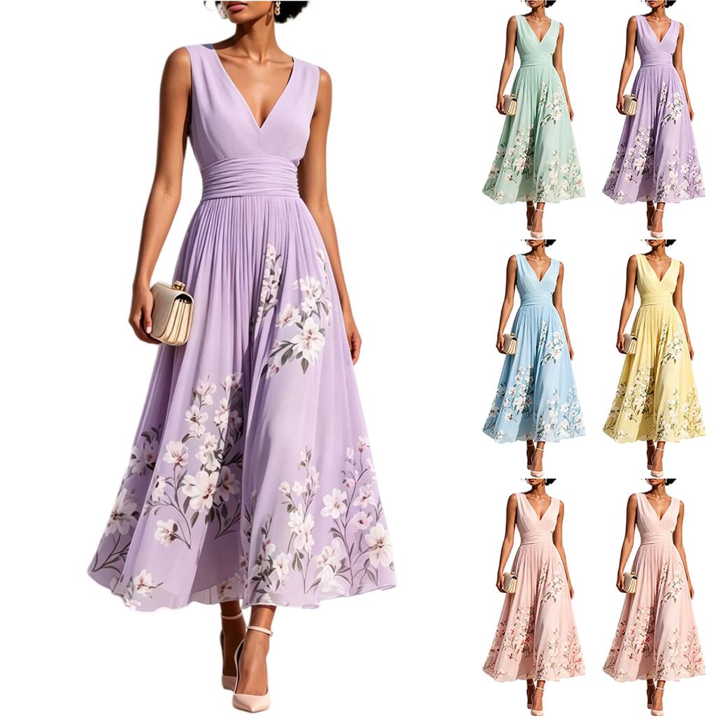 Sleeveless V Neck Pleated Waist Floral Print Long Dress for Women Elegant Maxi Dress with Flowing Skirt Suitable for Various Occasions